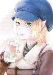 Rule 34 | 1girl, alternate costume, black shirt, blonde hair, blue hat, brown jacket, cabbie hat, can, closed eyes, collared shirt, commentary request, contemporary, green eyes, hat, highres, holding, holding can, jacket, long sleeves, medium hair, mizuhashi parsee, open mouth, pointy ears, sakai-saka, shirt, solo, strap, touhou, upper body