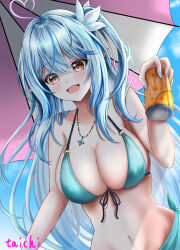 1girl absurdres ahoge bikini blue_bikini blue_hair breasts can cleavage drink_can elf highres holding holding_can hololive jewelry juice large_breasts long_hair looking_at_viewer navel necklace pointy_ears sarong side_ponytail solo swimsuit taichi8882 umbrella very_long_hair virtual_youtuber yellow_eyes yukihana_lamy