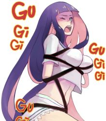 Rule 34 | 10s, 1girl, alternate costume, arms behind back, bad id, bad pixiv id, bdsm, blue eyes, blush, bondage, bound, box tie, colored inner hair, ghost (psg), long hair, midriff, multicolored hair, panty &amp; stocking with garterbelt, purple hair, sailor collar, simple background, solo, stocking (psg), tears, toyger, very long hair, wince