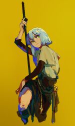 Rule 34 | 1girl, absurdres, arm up, bchan1582, black skirt, black undershirt, blue eyes, bob cut, brown shirt, closed mouth, commentary, cropped legs, foot up, highres, holding, holding sword, holding weapon, katana, kneehighs, layered sleeves, light frown, long sleeves, looking up, multicolored eyes, original, sash, sheath, sheathed, shirt, short hair, short over long sleeves, short sleeves, sideways glance, simple background, skirt, socks, solo, sword, turtleneck, weapon, white hair, yellow background, yellow eyes