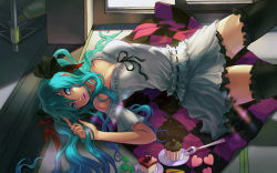 Rule 34 | 1girl, breasts, cake, catwyz, cleavage, cupcake, food, fork, green eyes, green hair, hatsune miku, highres, legs, lipstick, lying, makeup, medium breasts, source request, vocaloid, world is mine (vocaloid)