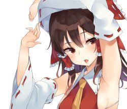 Rule 34 | 1girl, :o, armpits, arms up, ascot, blush, bow, bra strap, breasts, brown hair, detached sleeves, frilled bow, frilled hair tubes, frilled shirt collar, frills, hair bow, hair tubes, hakurei reimu, long hair, long sleeves, looking at viewer, medium breasts, mirei, panties, ponytail, red bow, red eyes, red shirt, ribbon-trimmed sleeves, ribbon trim, shirt, sideboob, sidelocks, simple background, solo, touhou, underwear, upper body, white background, wide sleeves, yellow ascot