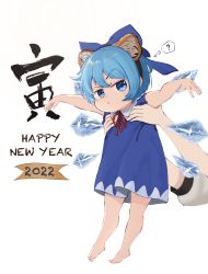 Rule 34 | 2022, ?, absurdres, animal ears, barefoot, blue bow, blue dress, blue eyes, blue hair, blue headwear, bow, chinese zodiac, cirno, dress, esthoric, happy new year, highres, ice, ice wings, new year, red bow, tiger ears, touhou, wings, year of the tiger, aged down