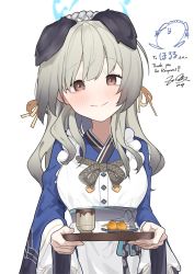Rule 34 | 1girl, animal ears, apron, blue archive, blue kimono, blush, breasts, brown eyes, closed mouth, commission, dango, dog ears, english text, fataaa, food, frilled hairband, frills, grey hair, hairband, halo, highres, holding, holding tray, japanese clothes, kimono, long hair, long sleeves, looking at viewer, maid apron, signature, skeb commission, skewer, small breasts, smile, solo, split mouth, steam, tray, umika (blue archive), upper body, wagashi