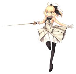 Rule 34 | 1girl, absurdres, artoria pendragon (all), artoria pendragon (fate), black ribbon, blonde hair, breasts, cleavage, dress, fate/grand order, fate/stay night, fate/unlimited codes, fate (series), flower, green eyes, hair ribbon, highres, holding, holding sword, holding weapon, official art, pantyhose, resized, ribbon, saber lily, small breasts, smile, solo, sword, takeuchi takashi, upscaled, waifu2x, weapon, white dress