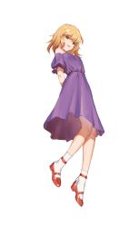 Rule 34 | 1girl, :d, arms behind back, bare shoulders, blonde hair, blush, breasts, commentary request, dress, full body, highres, knees, looking at viewer, maribel hearn, mary janes, no headwear, off-shoulder dress, off shoulder, open mouth, parted lips, purple dress, red footwear, shoes, short hair, simple background, small breasts, smile, socks, solo, touhou, wb yimo, white background, white socks, yellow eyes