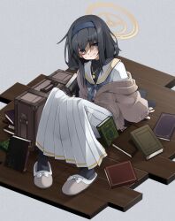 Rule 34 | 1girl, arm support, black eyes, black hair, black pantyhose, blue archive, blue neckerchief, book, book stack, brown cardigan, cardigan, commentary request, datemegane, falling, full body, hair between eyes, hairband, halo, head tilt, highres, jewelry, long hair, long skirt, long sleeves, looking at viewer, low twintails, medium hair, neckerchief, necklace, open cardigan, open clothes, pantyhose, pendant, pleated skirt, ribbed cardigan, sailor collar, school uniform, serafuku, sitting, skirt, slippers, solo, suitcase, sweatdrop, turtleneck, twintails, ui (blue archive), white sailor collar, white serafuku, white skirt, wooden floor