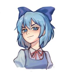 Rule 34 | 1girl, blue bow, blue dress, blue eyes, blue hair, bow, bowtie, chinese commentary, cirno, closed mouth, collared shirt, commentary request, dress, eyelashes, hair bow, looking at viewer, puffy sleeves, red bow, red bowtie, sdz (inazuma), shirt, short hair, sleeveless, sleeveless dress, smirk, touhou, upper body, v-shaped eyebrows, white background, white shirt
