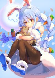 Rule 34 | 1girl, animal, animal ear fluff, animal ears, animal hug, bare shoulders, black gloves, black leotard, black pantyhose, blue hair, blush, braid, bridal garter, carrot hair ornament, closed mouth, coat, coat dress, detached sleeves, don-chan (usada pekora), dress, eyebrows hidden by hair, food-themed hair ornament, full body, fur-trimmed coat, fur-trimmed gloves, fur scarf, fur trim, gloves, hair between eyes, hair ornament, highres, hikimayu, hololive, legwear garter, leotard, leotard under clothes, long hair, looking at viewer, mary janes, multicolored hair, orange eyes, pantyhose, playboy bunny, puffy short sleeves, puffy sleeves, rabbit, rabbit ears, scarf, shoes, short eyebrows, short sleeves, sidelocks, single legwear garter, smile, solo, strapless, strapless coat, strapless dress, strapless leotard, tarunyan, thick eyebrows, twin braids, twintails, two-tone hair, usada pekora, usada pekora (1st costume), virtual youtuber, white coat, white footwear, white hair, white scarf, white sleeves