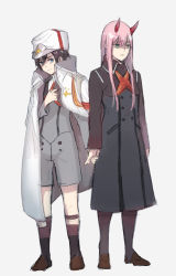 Rule 34 | 10s, 1boy, 1girl, black hair, blue eyes, brown footwear, coat, commentary, cosplay, costume switch, couple, darling in the franxx, english commentary, green eyes, hat, highres, hiro (darling in the franxx), holding hands, horns, long hair, military, military uniform, nakadai chiaki, oni horns, open clothes, open coat, peaked cap, pink hair, shoes, short hair, socks, uniform, zero two (darling in the franxx)