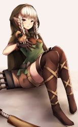 Rule 34 | 1girl, :o, animal, animal on hand, belt, black gloves, blush, boots, braid, brown eyes, brown footwear, brown thighhighs, cloak, dragon&#039;s crown, elf, elf (dragon&#039;s crown), full body, gloves, highres, hood, knees up, looking at viewer, parted lips, pointy ears, quiver, short hair, shorts, sidelocks, silver hair, sitting, snm (sunimi), solo, squirrel, thigh boots, thighhighs, twin braids