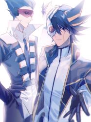 Rule 34 | 2boys, alternate costume, antinomy, bad id, bad lofter id, black gloves, black hair, black pants, blue eyes, blue hair, blue jacket, blue necktie, collared shirt, dress shirt, fudo yusei, gloves, hair slicked back, hand in pocket, high collar, highres, jacket, light smile, looking at viewer, male focus, multicolored hair, multiple boys, naoki (2rzmcaizerails6), necktie, one eye covered, pants, red-tinted eyewear, shirt, short hair, spiked hair, streaked hair, tinted eyewear, turtleneck, upper body, white background, white jacket, white shirt, yu-gi-oh!, yu-gi-oh! 5d&#039;s