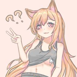 Rule 34 | 1girl, ?, ??, animal ears, arknights, bare shoulders, black tank top, blush, breasts, brown hair, ceobe (arknights), clothes lift, collarbone, commentary request, cursor, dog ears, dog girl, eyes visible through hair, fang, hand up, lifted by cursor, long hair, looking at viewer, medium breasts, navel, open mouth, pink background, pink eyes, shirt lift, simple background, sleeveless, smile, solo, split mouth, suto (strife0123), tank top, upper body, v