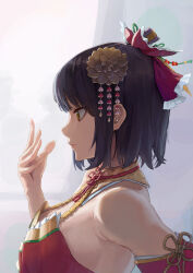 Rule 34 | black hair, bow, breasts, closed mouth, from side, hair bow, hair ornament, hand up, highres, idol, idolmaster, idolmaster cinderella girls, japanese clothes, large breasts, naxile, profile, red bow, short hair, takafuji kako, upper body, yellow eyes