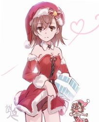 Rule 34 | 2girls, armpits, artist name, asshuku, bell, belt, black belt, blush, bob cut, bow, box, breasts, brown eyes, brown hair, chibi, chibi inset, christmas, cleavage, clothes lift, commentary, cowboy shot, detached collar, detached sleeves, dress, embarrassed, excited, expressionless, flower, frown, full-face blush, fur collar, fur trim, furrowed brow, gift, gift box, gluteal fold, green bow, green panties, hair between eyes, hair flower, hair ornament, hat, heart, holding, holding box, lace-up top, lifting own clothes, light frown, looking at another, looking at viewer, misaka imouto, misaka mikoto, multiple girls, o o, open mouth, outstretched arms, panties, pantyshot, pom pom (clothes), reaching, reaching towards viewer, red bow, red headwear, red panties, running, santa costume, santa hat, short dress, short hair, shouting, siblings, signature, simple background, sisters, sketch, skirt, skirt lift, sleeveless, small breasts, strapless, strapless dress, striped bow, striped clothes, striped panties, surprised, symbol-only commentary, toaru kagaku no railgun, toaru majutsu no index, translated, two-tone panties, underwear, upset, white background, white bow, white flower, white fur