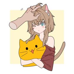 Rule 34 | 1boy, 1girl, animal ears, bare shoulders, blob (google), blue eyes, blush stickers, brown hair, cat ears, cat girl, cat tail, cropped torso, disembodied limb, headpat, highres, holding, holding stuffed toy, one eye closed, original, shirt, short hair with long locks, solo focus, stuffed animal, stuffed cat, stuffed toy, tail, taka oedo