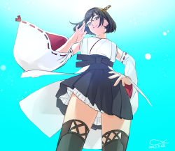 Rule 34 | 1girl, black hair, black skirt, boots, dated, from below, glasses, hand on own hip, headgear, kantai collection, kirishima (kancolle), kirishima kai ni (kancolle), looking down, nontraditional miko, pleated skirt, ribbon-trimmed sleeves, ribbon trim, shishanmo, short hair, skirt, smile, solo, thigh boots, thighhighs, wide sleeves