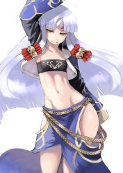 Rule 34 | 1girl, :3, arm behind back, arm up, bell, blue hair, blue skirt, closed mouth, contrapposto, covered erect nipples, cropped jacket, facial mark, forehead mark, hair bell, hair ornament, highres, hip focus, hip vent, horns, jacket, jingle bell, johan (johan13), long hair, long sleeves, looking at viewer, open clothes, open jacket, parted bangs, pointy ears, simple background, single horn, skirt, sleeves past fingers, sleeves past wrists, smile, solo, standing, stomach, straight hair, strapless, super robot wars, super robot wars og saga mugen no frontier, suzuka hime, thighhighs, tube top, very long hair, white background, wide sleeves, yellow eyes