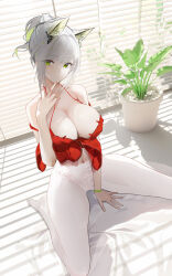 Rule 34 | 1girl, absurdres, alternate costume, alternate hairstyle, animal ear fluff, animal ears, arknights, bare shoulders, bracelet, breasts, cat ears, cat girl, cleavage, curtains, green eyes, green hair, grey hair, highres, jewelry, kal&#039;tsit (arknights), large breasts, looking at viewer, navel, omone hokoma agm, pantyhose, plant, ponytail, potted plant, sitting, wariza, white pantyhose, window blinds