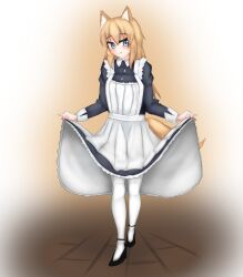 Rule 34 | 1girl, absurdres, abukumacl, alternate costume, animal ears, blonde hair, blue eyes, blush, copyright name, enmaided, fang, full body, girls&#039; frontline, high heels, highres, long hair, m500 (girls&#039; frontline), maid, smile, solo, tail, thighhighs, white thighhighs