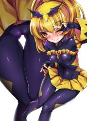 Rule 34 | 1girl, absurdres, bad end peace, bad end precure, black bodysuit, black gloves, black wings, blonde hair, blush, bodysuit, commentary request, covered erect nipples, eyelashes, fingerless gloves, gloves, hair ornament, harigane shinshi, highres, long hair, magical girl, nipples, one eye closed, precure, shiny clothes, simple background, skin tight, skirt, smile precure!, solo, v, white background, wing hair ornament, wings, yellow skirt