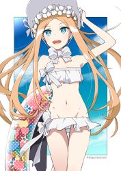 Rule 34 | 1girl, :d, abigail williams (fate), abigail williams (swimsuit foreigner) (fate), abigail williams (swimsuit foreigner) (third ascension) (fate), arm up, bare arms, bare shoulders, bikini, blonde hair, blue eyes, bonnet, bow, braid, collarbone, commentary request, day, fate/grand order, fate (series), groin, hair bow, heart, highres, innertube, long hair, navel, open mouth, panikuru yuuto, parted bangs, polka dot, smile, solo, strapless, strapless bikini, striped bikini, striped clothes, swim ring, swimsuit, twintails, twitter username, very long hair, white bikini, white bow, white headwear