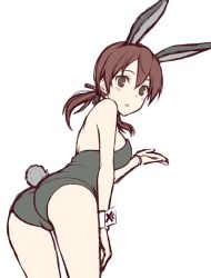 Rule 34 | 1girl, animal ears, ass, bare shoulders, bent over, black leotard, blush, breasts, brown eyes, brown hair, rabbit ears, rabbit tail, fake animal ears, fake tail, gertrud barkhorn, hair ornament, hair ribbon, leotard, looking at viewer, looking back, medium breasts, momiji7728, open mouth, playboy bunny, ribbon, short hair, short twintails, sideboob, simple background, solo, strike witches, tail, twintails, white background, world witches series