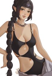 Rule 34 | 1girl, absurdres, alternate costume, artist name, baldur&#039;s gate, baldur&#039;s gate 3, bare arms, bare shoulders, black dress, black hair, blunt bangs, breasts, brown eyes, cleavage, contrapposto, diadem, dress, dungeons &amp; dragons, earrings, highres, jewelry, long hair, medium breasts, multi-tied hair, o-ring, quilm, revealing clothes, shadowheart (baldur&#039;s gate), smile, solo, white background