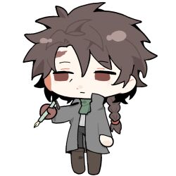Rule 34 | 1boy, black pants, boots, braid, brown footwear, brown hair, chibi, chinese commentary, closed mouth, coat, commentary request, green scarf, grey coat, harada minoru, holding, holding pen, long hair, long sleeves, male focus, open clothes, open coat, pants, pen, red eyes, ribbed sweater, saibou shinkyoku, scar, scar on face, scar on forehead, scarf, simple background, single braid, solo, sweater, white background, white sweater, xiaoyuweiliang