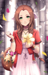Rule 34 | 1girl, aerith gainsborough, blurry, blurry background, bow hair ornament, bracelet, braid, braided ponytail, brown hair, buttons, coat, dress, drill hair, drill sidelocks, eyebrows, eyelashes, final fantasy, final fantasy vii, flower, flower basket, giving, green eyes, hair ornament, highres, jewelry, kamaniki, lace, lace-trimmed dress, lace trim, looking at viewer, necklace, nose, sidelocks, smile, solo, watermark