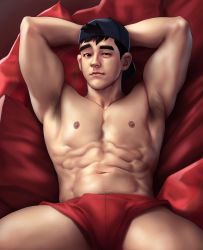 Rule 34 | 1boy, abs, armpit hair, armpits, arms behind back, backwards hat, bara, baseball cap, bed, big hero 6, black hair, briefs, closed mouth, hair through headwear, hat, highres, large pectorals, looking at viewer, lying, male focus, male underwear, muscular, muscular male, navel, nerdyart1, nipples, on back, on bed, pectorals, red male underwear, short hair, solo, tadashi hamada, thick eyebrows, thick thighs, thighs, underwear