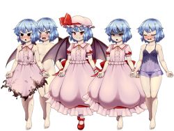Rule 34 | 1girl, barefoot, bat wings, blue hair, bow, brooch, burnt clothes, chemise, d.koutya, dress, fang, fang out, fangs, frilled shirt, frilled shirt collar, frilled sleeves, frills, hat, hat ribbon, jewelry, mary janes, mob cap, navel, no headwear, nude, panties, pink dress, pink hat, puffy short sleeves, puffy sleeves, red bow, red eyes, red footwear, red ribbon, remilia scarlet, ribbon, ribbon trim, sash, see-through, shirt, shoes, short breasts, short hair, short sleeves, simple background, solo, standing, tachi-e, torn clothes, touhou, underwear, white background, wings, wrist cuffs