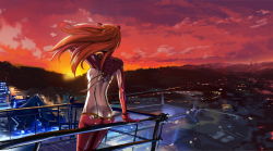Rule 34 | 00s, 1girl, ass, butt crack, cityscape, cleavage, cloud, evangelion: 2.0 you can (not) advance, landscape, makacoon, neon genesis evangelion, plugsuit, rebuild of evangelion, red hair, see-through, see-through cleavage, skinny, solo, souryuu asuka langley, sunset, test plugsuit