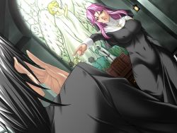 Rule 34 | 00s, 1boy, 1girl, angry, black package, breasts, church, covered erect nipples, cross, cross necklace, game cg, jet yowatari, jewelry, koukai ~makan no kokuin~, large breasts, mole, necklace, nun, pointing, purple hair, robe, seikoujo, sister karen, statue, yellow eyes