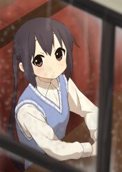 Rule 34 | 1girl, black hair, blue sweater vest, brown eyes, closed mouth, collared shirt, commentary request, highres, k-on!, kicchi (tmgk), long hair, long sleeves, looking at viewer, nakano azusa, shirt, sitting, solo, sweater vest, table, twintails, upper body, white shirt, window