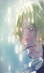 Rule 34 | 1boy, blonde hair, blue eyes, cigarette, closed mouth, crying, crying with eyes open, face, facial hair, from side, highres, lights, looking down, male focus, muyukikiyoshi11521, one piece, outdoors, rain, sanji (one piece), short hair, snot, solo, tears, wet, wet face, wet hair