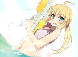 Rule 34 | 1girl, aqua eyes, artoria pendragon (all), artoria pendragon (fate), artoria pendragon (swimsuit archer) (second ascension) (fate), blonde hair, blush, fate/grand order, fate (series), finger on trigger, grin, in water, long hair, looking at viewer, mayuge1017, navel, ponytail, saber (fate), smile, solo, water gun