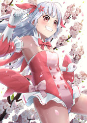 Rule 34 | 1girl, absurdres, blush, bow, breasts, cherry blossoms, clenched hand, flower, gloves, grin, hair bow, hair flower, hair ornament, hanagamigendai, highres, leotard, long hair, original, personification, pink bow, silver hair, small breasts, smile, spring (season), white background, white gloves