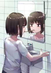 Rule 34 | 1girl, absurdres, bags under eyes, bathroom, black hair, commentary, english commentary, food, food in mouth, highres, indoors, lonely, looking at mirror, mirror, mouth hold, mr.lime, original, pocky, pocky kiss, reflection, shared food, shirt, short hair, sink, solo, t-shirt, | |