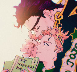 Rule 34 | 2boys, artist name, black hair, book, chromatic aberration, closed mouth, coat, earrings, closed eyes, film grain, twirling hair, holding, holding book, jewelry, jojo no kimyou na bouken, kakyoin noriaki, kusamura dai, kuujou joutarou, looking at another, looking up, male focus, multiple boys, no headwear, no headwear, open book, pink hair, playing with another&#039;s hair, purple eyes, short hair, signature, simple background, stone ocean, thick eyebrows, time paradox, white background, yaoi