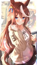 Rule 34 | 1girl, absurdres, animal ears, bag, blue eyes, blush, brown cardigan, brown hair, cardigan, closed mouth, highres, horse ears, horse girl, horse tail, long hair, long sleeves, looking at viewer, miniskirt, multicolored hair, open cardigan, open clothes, shirt, shoulder bag, skirt, sky cappuccino, solo, standing, streaked hair, tail, tokai teio (umamusume), umamusume, very long hair, white hair, white shirt