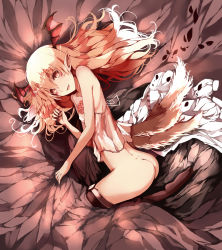 Rule 34 | 10s, 1girl, absurdres, ass, bare shoulders, bed, bed sheet, black legwear, blonde hair, bottomless, breasts, collar, covered erect nipples, fangs, flower, from above, granblue fantasy, highres, kyuu (plastic night q), looking at viewer, low wings, lying, no panties, on side, open mouth, red eyes, sheet grab, shingeki no bahamut, small breasts, solo, vampy, wings