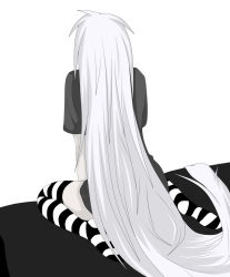 Rule 34 | androgynous, artist request, back, bed, between legs, black shirt, bottomless, character request, gender request, hand between legs, long hair, pale skin, shirt, simple background, sitting, striped legwear, very long hair, white background, white hair