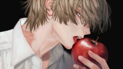 Rule 34 | 1boy, 88in, apple, aqua eyes, black background, blonde hair, burn scar, close-up, collared shirt, expressionless, fingernails, food, from side, fruit, hand up, head tilt, highres, holding, holding food, holding fruit, leaning to the side, licking, long bangs, looking at viewer, male focus, open mouth, original, scar, shirt, simple background, solo, teeth, tongue, tongue out, upper teeth only, white shirt