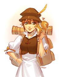 Rule 34 | 1girl, animal, blush, brown hair, dress, gloves, green eyes, hat, jewelry, long hair, mella, necklace, octopath traveler, octopath traveler i, short hair, simple background, smile, solo, squirrel, tressa (octopath traveler), white background