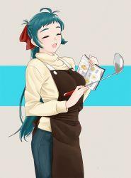 Rule 34 | 1girl, apron, aqua hair, bad id, bad twitter id, blush, book, breasts, brown apron, closed eyes, denim, fingernails, hair ribbon, highres, holding, holding book, irako (kancolle), jeans, kantai collection, ladle, large breasts, long hair, long sleeves, ojipon, open mouth, pants, ponytail, red ribbon, ribbon, simple background, smile, solo, standing, sweater, turtleneck, turtleneck sweater