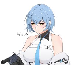 Rule 34 | 1girl, artist name, bare shoulders, black gloves, black jacket, blue hair, blue necktie, breasts, centauri-d, character request, closed mouth, commentary, commission, english commentary, girls&#039; frontline, gloves, gun, hair between eyes, hair ornament, hairclip, highres, holding, holding gun, holding weapon, jacket, medium breasts, name connection, necktie, object namesake, off shoulder, open clothes, open jacket, shirt, simple background, sleeveless, sleeveless shirt, solo, suppressor, upper body, weapon, weapon request, white background, white shirt, yellow eyes