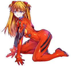 Rule 34 | all fours, blue eyes, from side, full body, hair between eyes, legs apart, long hair, lowres, neon genesis evangelion, orange hair, parted bangs, plugsuit, simple background, solo, souryuu asuka langley, twintails, two side up, white background, yurizuka (sergeant heart)