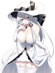 Rule 34 | 1girl, absurdres, anchor, azur lane, blue eyes, blush, breasts, choker, cleavage, dress, elbow gloves, finger to mouth, garter straps, gloves, hat, highres, illustrious (azur lane), large breasts, sidelocks, simple background, smile, thighhighs, uu3cm, white background, white dress, white gloves, white hair, white hat, white theme, white thighhighs