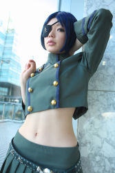 Rule 34 | 1girl, asian, blue hair, blurry, breasts, chrome dokuro, color contacts, cosplay, cowboy shot, depth of field, eyepatch, female focus, highres, indoors, katekyo hitman reborn!, looking at viewer, makeup, mascara, midriff, miniskirt, namada, navel, parted lips, photo (medium), pleated skirt, short hair, skirt, skull and crossbones, skull belt, small breasts, solo, standing, uniform, window